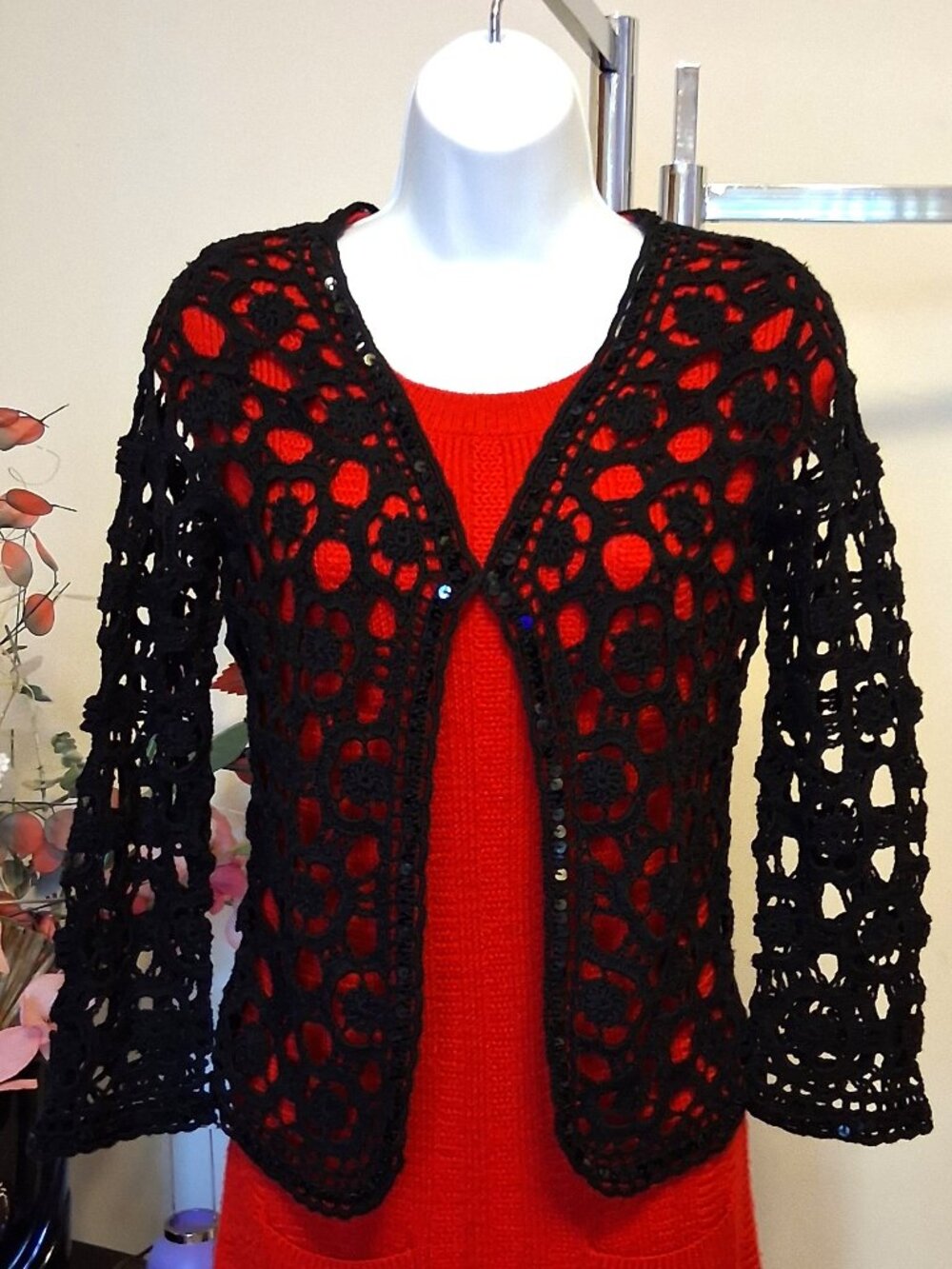 Simon Chang Quality Knit Cardigan Crochet Sweater Top Chic Knitwear Black S